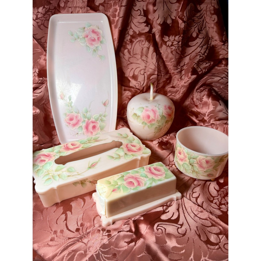 Vintage Pink Rose Bits O Glamour Vanity Set Hand Painted Roses 5 Piece Bathroom
